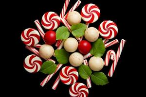 Candy canes and peppermint candies arranged in a flatlay style. Generative AI photo