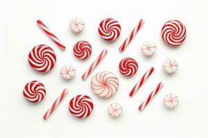 Candy canes and peppermint candies artistically placed. Generative AI photo