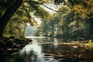 Tranquil Pond with Mirroring Trees. Generative AI photo