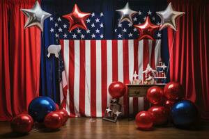 American flag backdrop with red, white and blue balloons. Generative AI photo