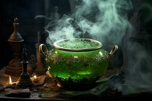 Steaming green pot on a stove. Generative AI photo