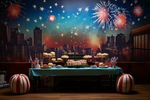 Festive dessert spread under a dazzling fireworks show. Generative AI photo