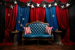 Blue couch in front of a vibrant red curtain. Generative AI photo