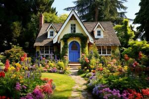 Charming Cottage Amid Colorful Garden. Generative AI photo