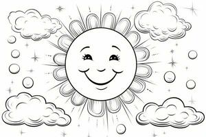 Children's coloring page with a cheerful sun and smiling clouds. Generative AI photo