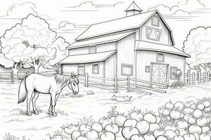 Children's coloring page of a farm with barn and animals. Generative AI photo