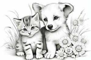 Children's coloring page with a playful puppy and kitten. Generative AI photo