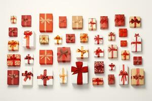 Christmas presents of various sizes and shapes neatly arranged. Generative AI photo