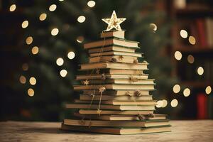 Christmas tree made of stacked books. Generative AI photo