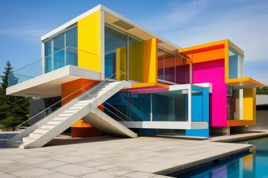 A multicolored building with a pool. Generative AI photo