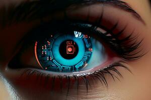 Person's eye with a clock in the iris. Generative AI photo