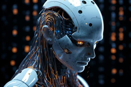 Futuristic robot with glowing eyes and a white head. Generative AI photo