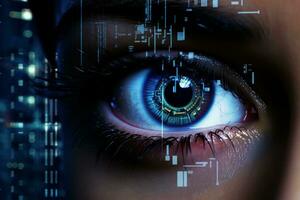 Close up of a person's blue eye. Generative AI photo