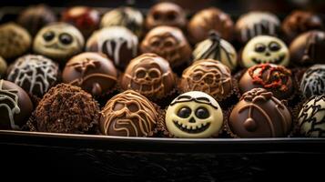 Halloween themed cake balls decorated with spooky designs. Generative AI photo