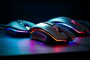 Close ups of RGB lit gaming mouse. Generative AI photo