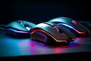 cerca UPS de rgb iluminado juego de azar ratón. generativo ai foto