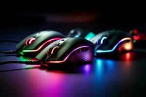 Close ups of RGB lit gaming mouse. Generative AI photo