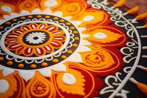 Colorful table with intricate orange and white designs. Generative AI photo