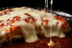 Melted cheese forming a luscious topping for parmigiana. Generative AI photo