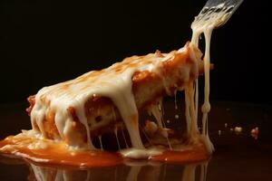 Melted cheese stretching as a fork pulls apart parmigiana. Generative AI photo