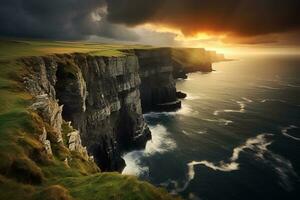 Coastal cliffs meeting the sea under a dynamic sky. Generative AI photo