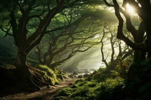 Sunlit Coastal Forest. Generative AI photo