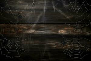 Cobweb covered wooden background with space for Halloween promotions. Generative AI photo