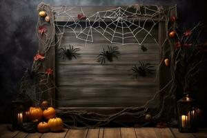 Wooden frame decorated with spider webs and pumpkins. Generative AI photo
