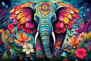 Coloring page of a regal elephant in a vibrant environment. Generative AI photo