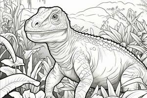 Dinosaur in a vibrant jungle setting, ready to be colored. Generative AI photo