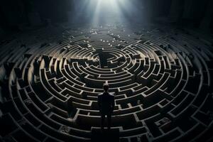 Conceptual image of a person looking at a labyrinth. Generative AI photo