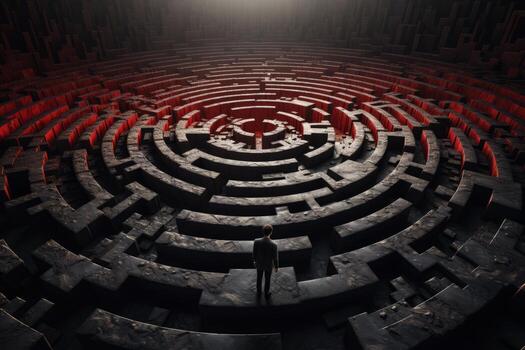Conceptual image of a person looking at a labyrinth. Generative AI photo