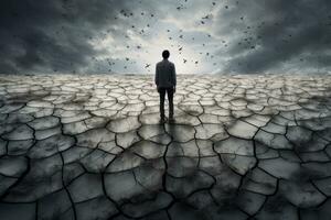 Conceptual image of a person standing on a cracked surface. Generative AI photo