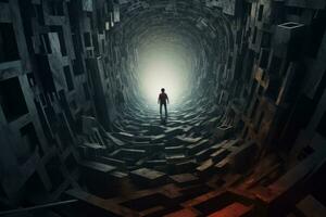 Man standing in a tunnel with a guiding light at the end. Generative AI photo