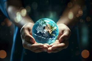 Person holding a small globe in their hands. Generative AI photo