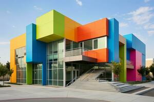 A multicolored building with stairs and windows. Generative AI photo