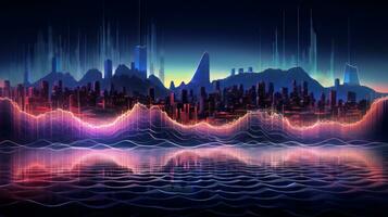 Creative audio waveforms transforming into vibrant landscapes and cityscapes. Generative AI photo