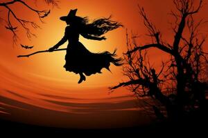 A witch flying on a broomstick. Generative AI photo