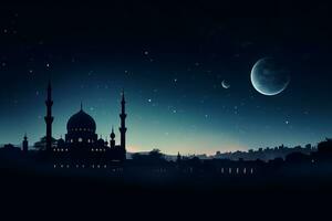 Night scene with the moon and a mosque. Generative AI photo