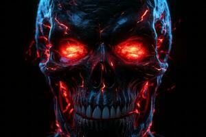 demoníaco cráneo con brillante rojo ojos. generativo ai foto