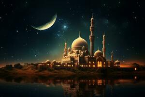 Night scene with a mosque and a crescent. Generative AI photo