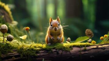 A squirrel is sitting on a mossy log. Generative AI photo