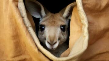 A baby kangaroo peeks out from inside a bag. Generative AI photo