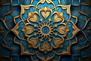 Decorative Islamic patterns in blue and gold. Generative AI photo