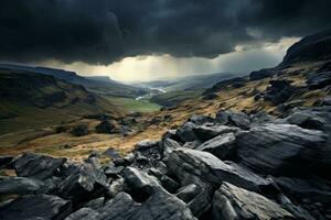 Dark sky over a valley with rocks and grass. Generative AI photo