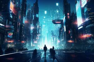 Two people standing in a futuristic city at night. Generative AI photo