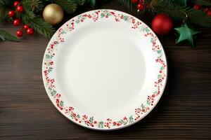White plate with red and green decorations. Generative AI photo