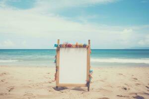 Beach sign against a backdrop of clear blue skies. Generative AI photo