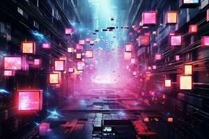 Vibrant and futuristic cityscape illuminated by colorful neon lights. Generative AI photo