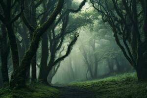 Mysterious wallpaper background with mist-covered trees in a forest. Generative AI photo